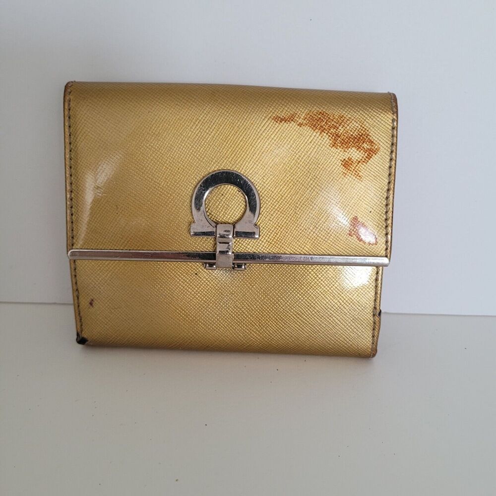 Salvatore Ferragamo Damaged Gancini Wallet Medium Bifold Gold Yellow Compact